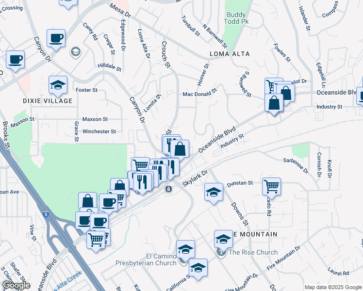 map of restaurants, bars, coffee shops, grocery stores, and more near 2034 Canyon Drive in Oceanside