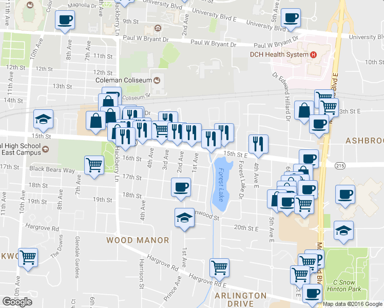 map of restaurants, bars, coffee shops, grocery stores, and more near 101 15th St in Tuscaloosa