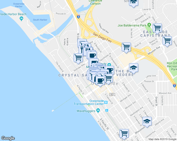 map of restaurants, bars, coffee shops, grocery stores, and more near 423 North Tremont Street in Oceanside