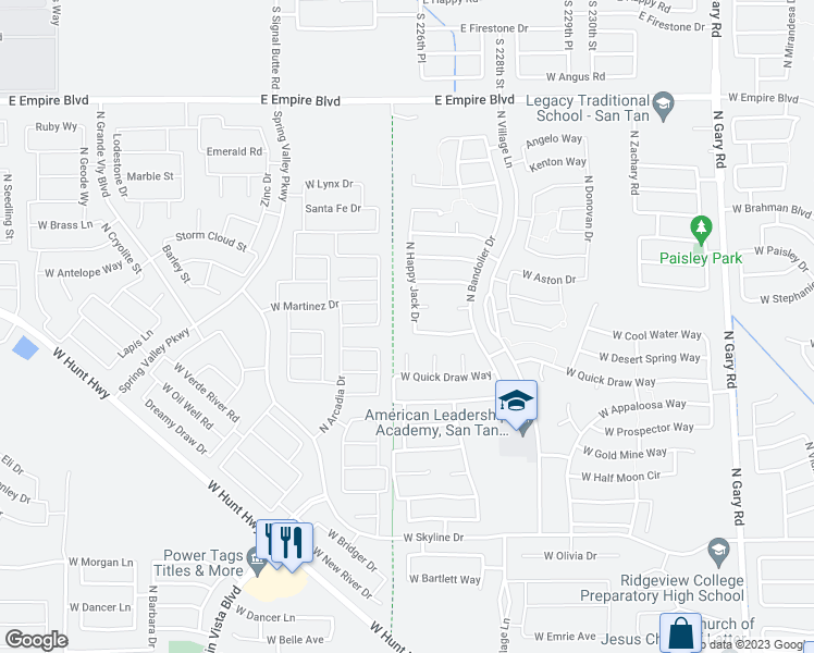 map of restaurants, bars, coffee shops, grocery stores, and more near 35080 North Happy Jack Drive in Queen Creek