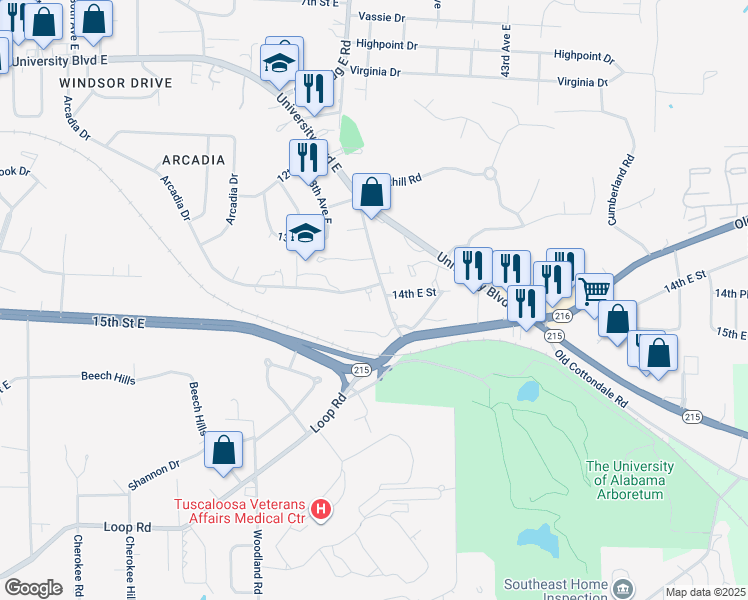 map of restaurants, bars, coffee shops, grocery stores, and more near 1422 39th Avenue East in Tuscaloosa