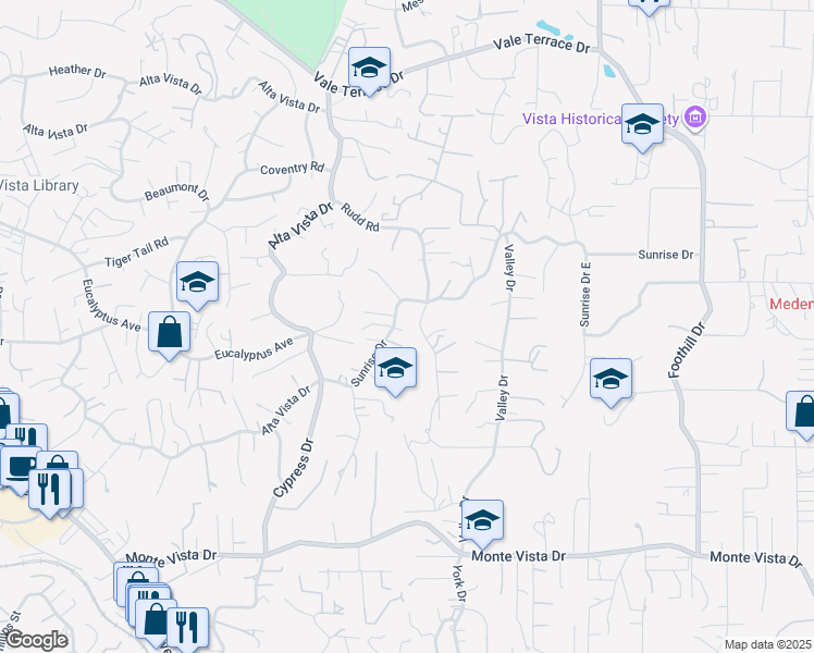 map of restaurants, bars, coffee shops, grocery stores, and more near 1535 Sunrise Drive in Vista