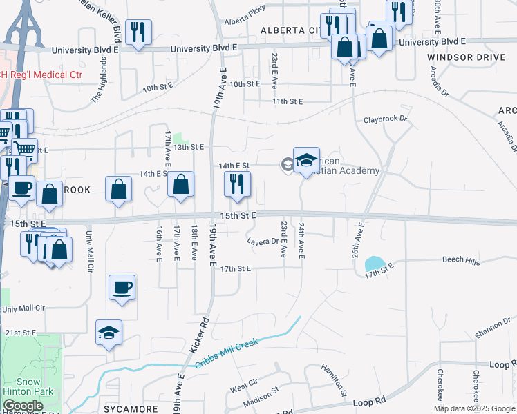 map of restaurants, bars, coffee shops, grocery stores, and more near 2204 Veterans Memorial Parkway in Tuscaloosa