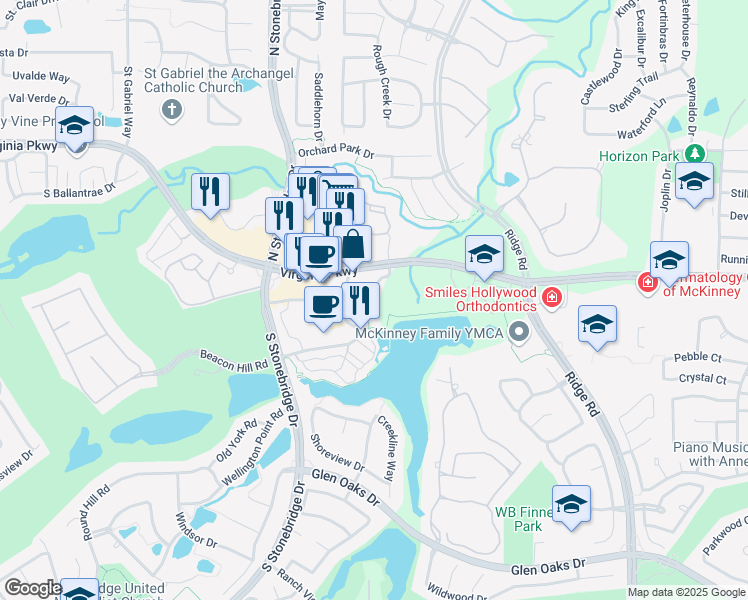 map of restaurants, bars, coffee shops, grocery stores, and more near 351 Adriatic Parkway in McKinney