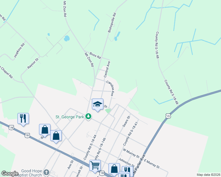 map of restaurants, bars, coffee shops, grocery stores, and more near 201 Carolina Avenue in Saint George