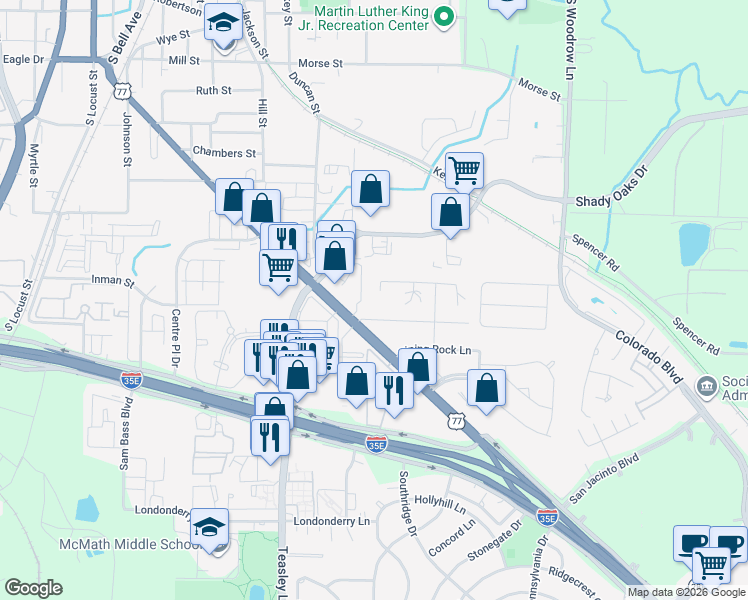 map of restaurants, bars, coffee shops, grocery stores, and more near 1334 Ruidosa Ct in Denton