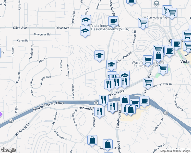 map of restaurants, bars, coffee shops, grocery stores, and more near 237 Diamond Way in Vista