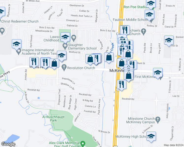 map of restaurants, bars, coffee shops, grocery stores, and more near 2400 Lakeview Circle in McKinney