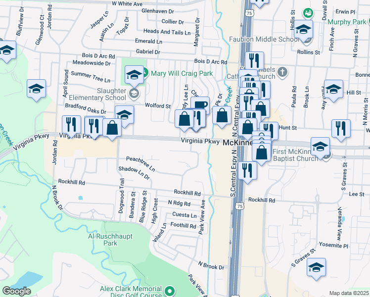 map of restaurants, bars, coffee shops, grocery stores, and more near 2404 Lakeview Circle in McKinney
