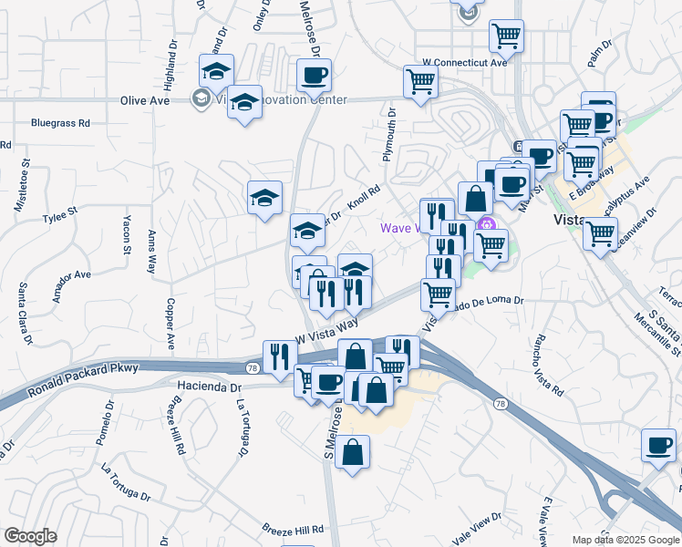 map of restaurants, bars, coffee shops, grocery stores, and more near 559 Tangerine Cove Drive in Vista