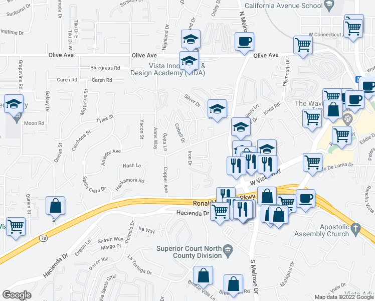 map of restaurants, bars, coffee shops, grocery stores, and more near 728 Copper Drive in Vista