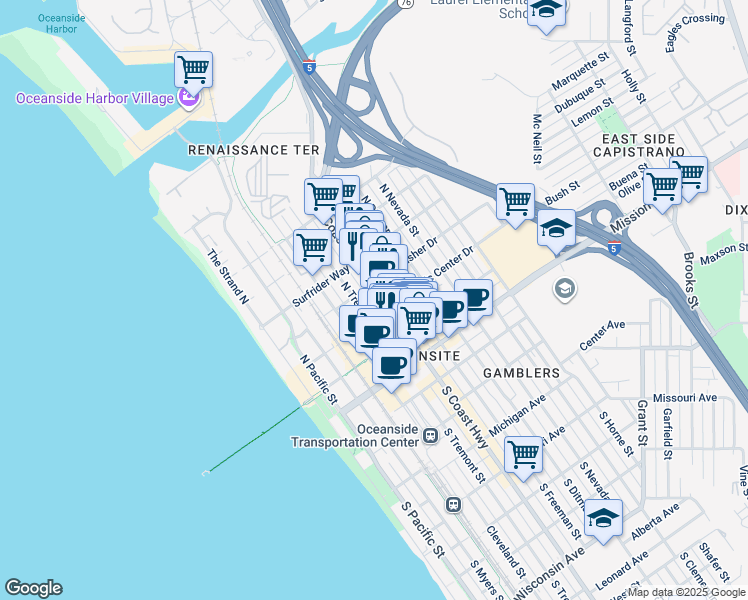 map of restaurants, bars, coffee shops, grocery stores, and more near 406 North Coast Highway in Oceanside