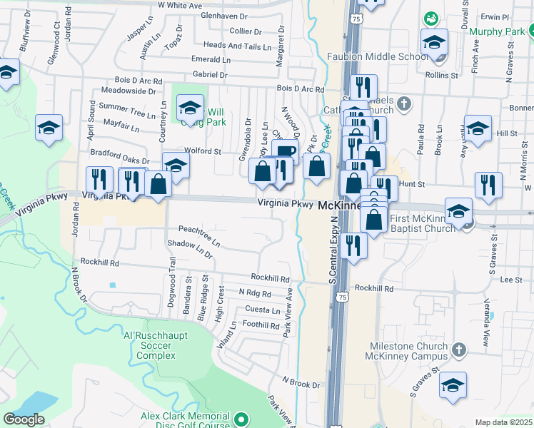 map of restaurants, bars, coffee shops, grocery stores, and more near 2400 Lakeview Circle in McKinney