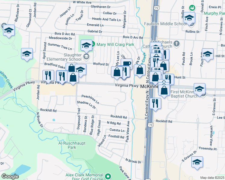 map of restaurants, bars, coffee shops, grocery stores, and more near 2426 Lakeview Circle in McKinney