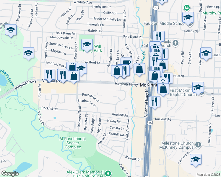 map of restaurants, bars, coffee shops, grocery stores, and more near 2426 Lakeview Circle in McKinney