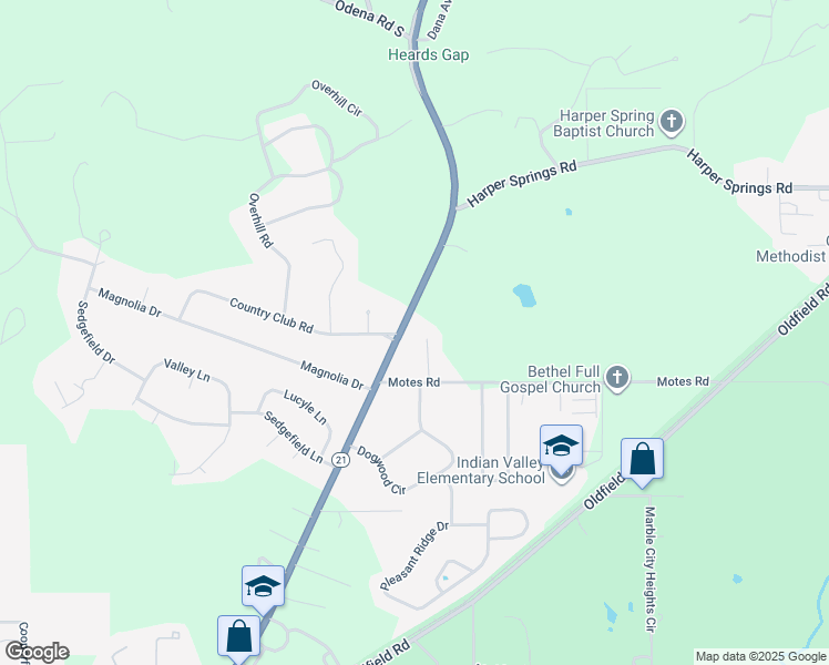 map of restaurants, bars, coffee shops, grocery stores, and more near 2260 Alabama 21 in Sylacauga