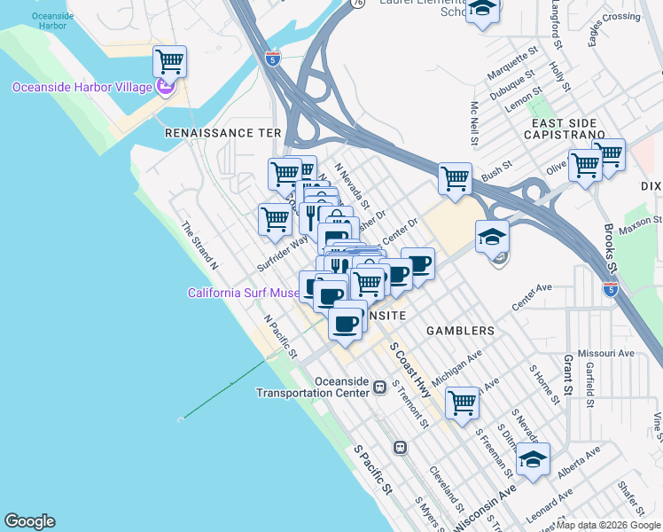 map of restaurants, bars, coffee shops, grocery stores, and more near 401 North Coast Highway in Oceanside