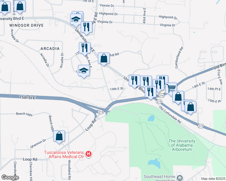 map of restaurants, bars, coffee shops, grocery stores, and more near 3925 14th East Street in Tuscaloosa