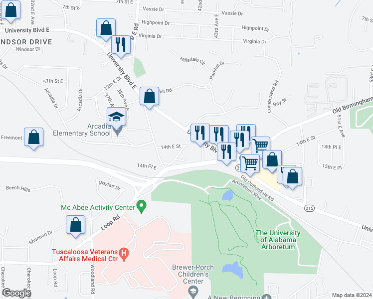 map of restaurants, bars, coffee shops, grocery stores, and more near 1403 40th East Way in Tuscaloosa