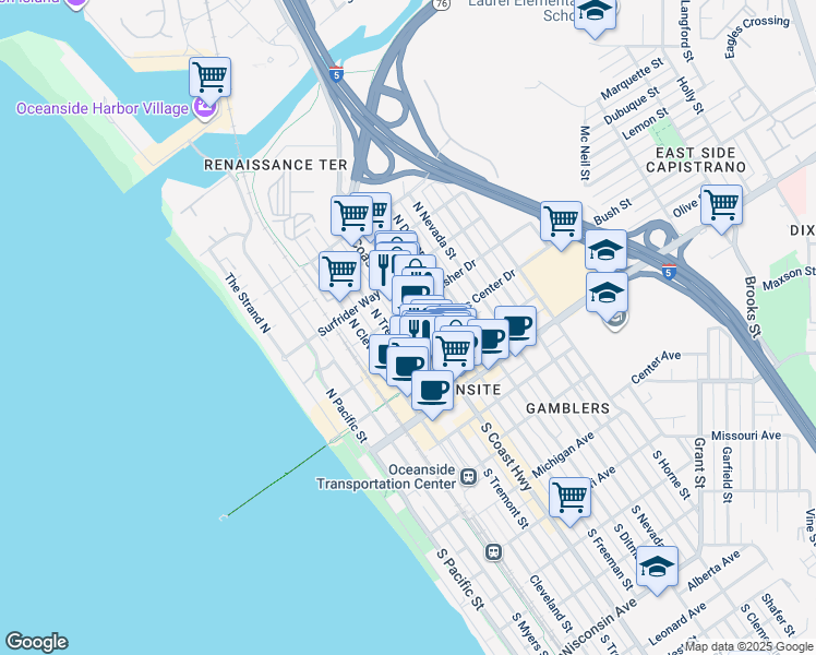 map of restaurants, bars, coffee shops, grocery stores, and more near 401 North Coast Highway in Oceanside
