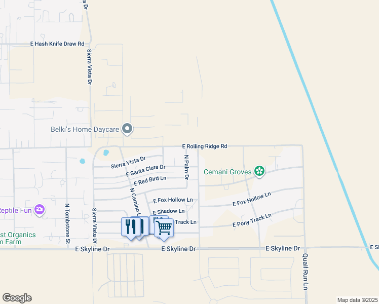 map of restaurants, bars, coffee shops, grocery stores, and more near 35119 North Palm Drive in Queen Creek