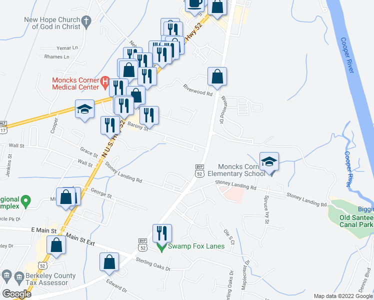 map of restaurants, bars, coffee shops, grocery stores, and more near 115 Stiles And Wells Dr. in Moncks Corner