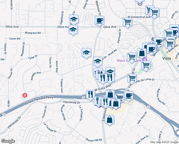 map of restaurants, bars, coffee shops, grocery stores, and more near 220 North Melrose Drive in Vista