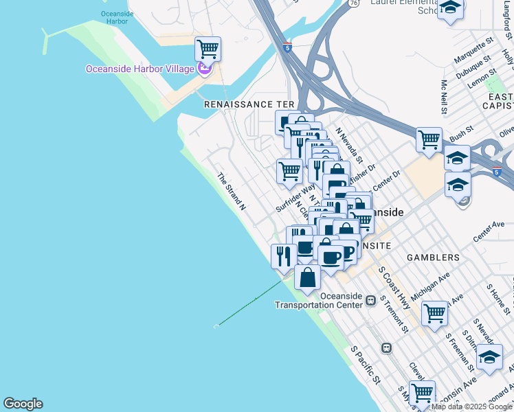 map of restaurants, bars, coffee shops, grocery stores, and more near 621 South Pacific Street in Oceanside
