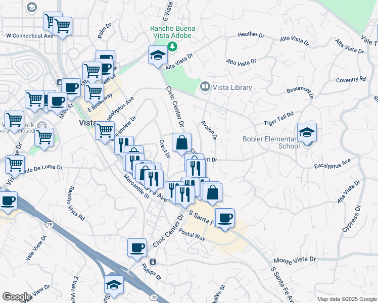 map of restaurants, bars, coffee shops, grocery stores, and more near 606 Civic Center Drive in Vista