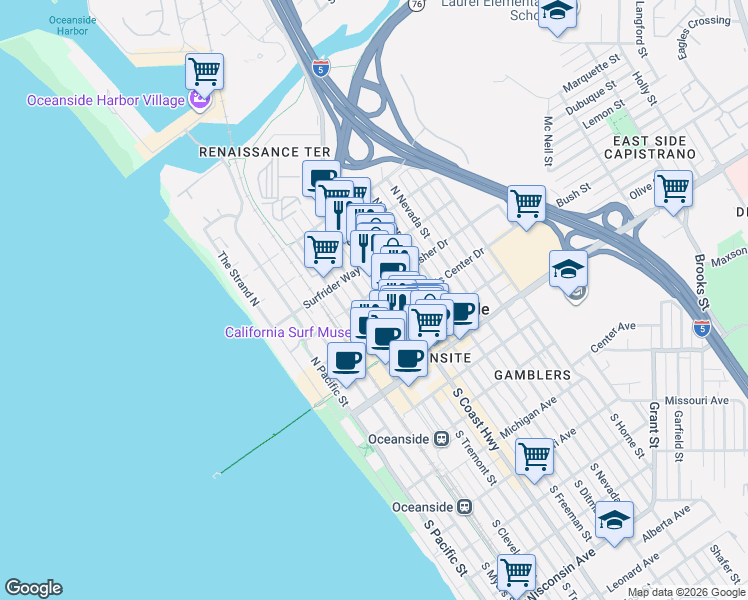 map of restaurants, bars, coffee shops, grocery stores, and more near 424 North Tremont Street in Oceanside