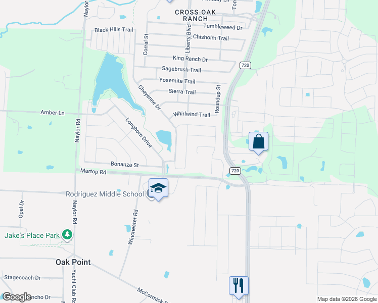 map of restaurants, bars, coffee shops, grocery stores, and more near 1404 Red River Drive in Aubrey