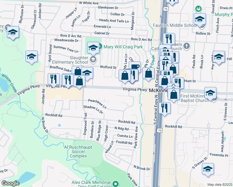 map of restaurants, bars, coffee shops, grocery stores, and more near 2424 Lakeview Circle in McKinney