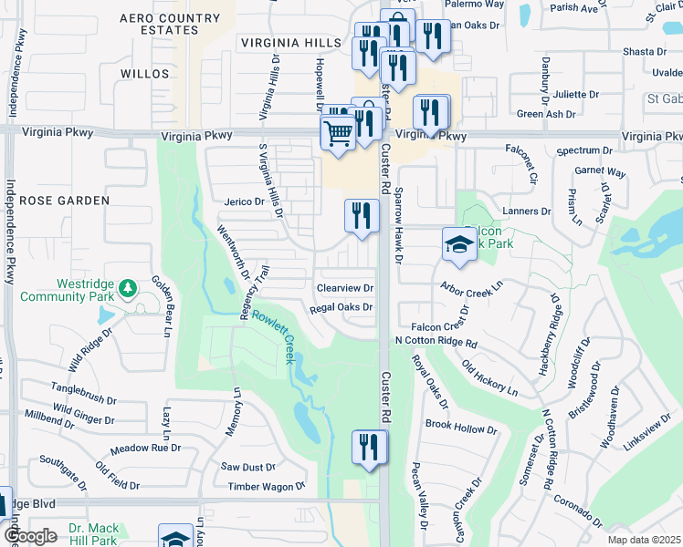 map of restaurants, bars, coffee shops, grocery stores, and more near 9205 Amber Downs Drive in McKinney