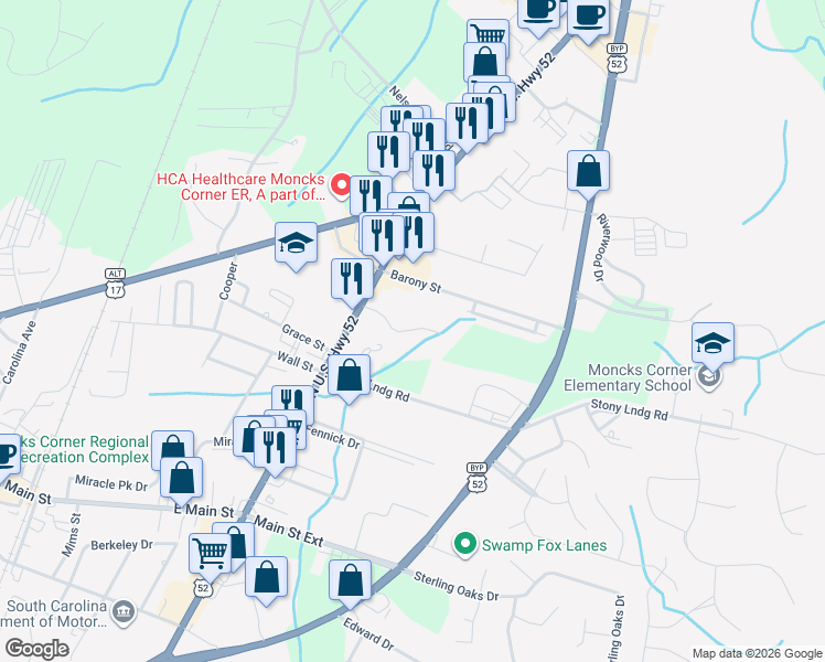 map of restaurants, bars, coffee shops, grocery stores, and more near 110 Northbridge Court in Moncks Corner