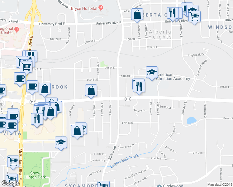 map of restaurants, bars, coffee shops, grocery stores, and more near 1436 Kicker Road in Tuscaloosa