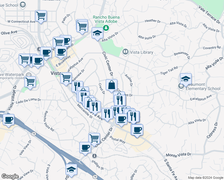 map of restaurants, bars, coffee shops, grocery stores, and more near 606 Civic Center Drive in Vista
