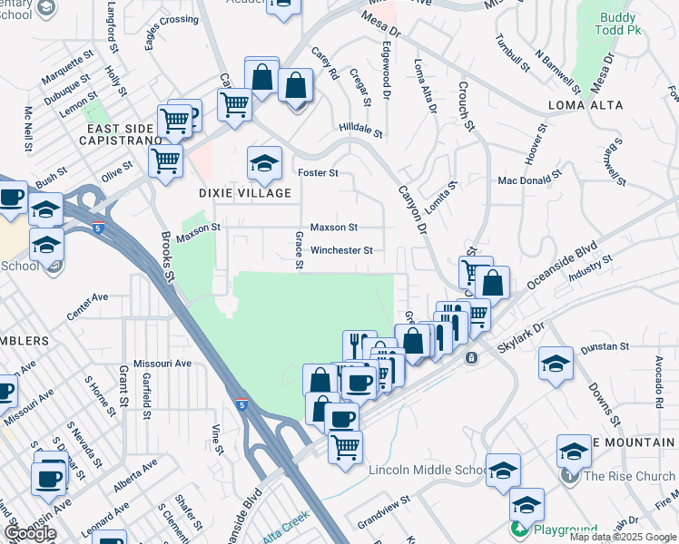 map of restaurants, bars, coffee shops, grocery stores, and more near 2136 Greenbrier Drive in Oceanside