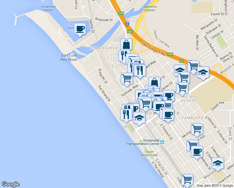 map of restaurants, bars, coffee shops, grocery stores, and more near 610 North Pacific Street in Oceanside