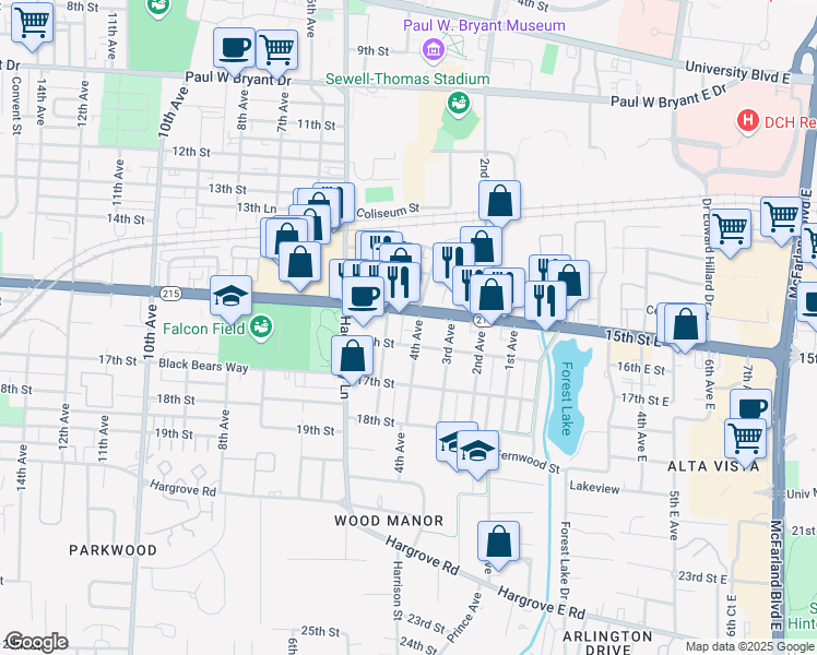 map of restaurants, bars, coffee shops, grocery stores, and more near 1505 4th Avenue in Tuscaloosa