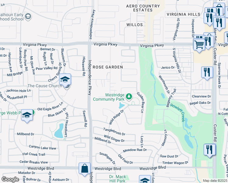 map of restaurants, bars, coffee shops, grocery stores, and more near 633 Rose Garden Drive in McKinney
