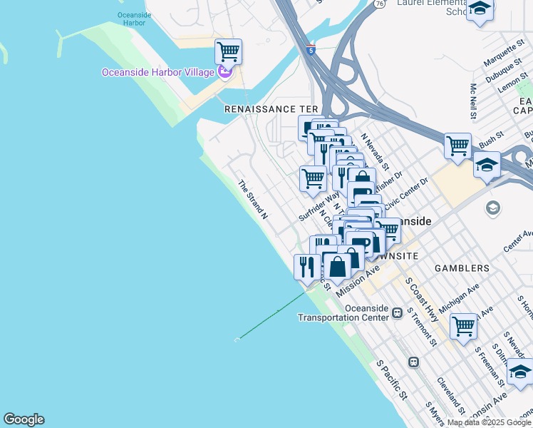 map of restaurants, bars, coffee shops, grocery stores, and more near 702 The Strand North in Oceanside
