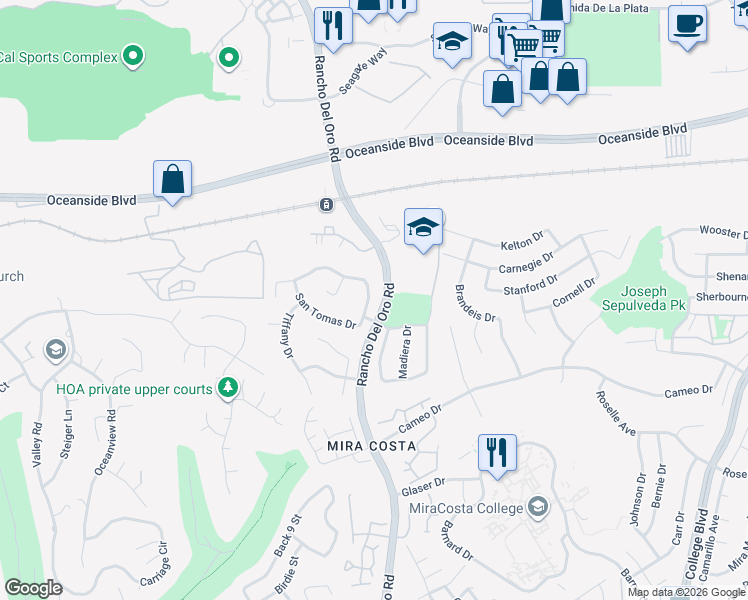 map of restaurants, bars, coffee shops, grocery stores, and more near 3290 San Helena Drive in Oceanside