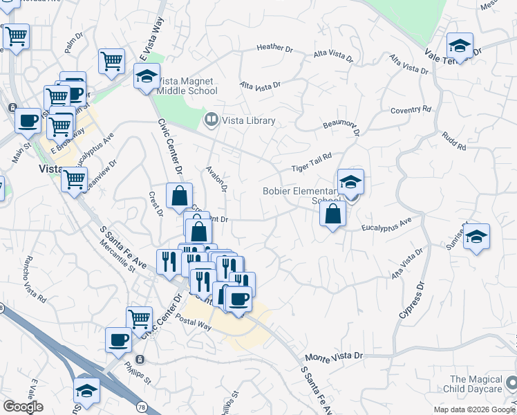 map of restaurants, bars, coffee shops, grocery stores, and more near 1016 Torole Circle in Vista