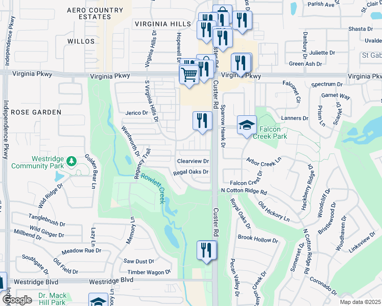 map of restaurants, bars, coffee shops, grocery stores, and more near 9205 Amber Downs Drive in McKinney