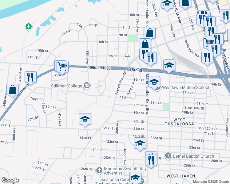 map of restaurants, bars, coffee shops, grocery stores, and more near 1702 Fosters Ferry Road in Tuscaloosa