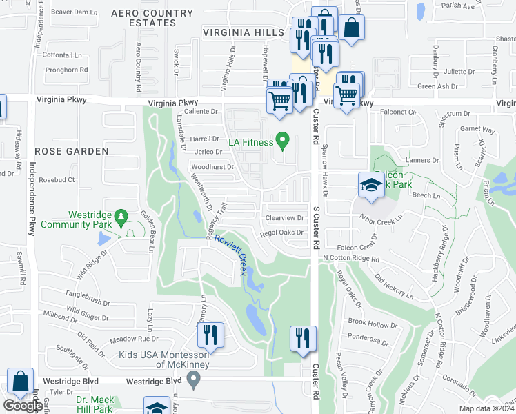 map of restaurants, bars, coffee shops, grocery stores, and more near 9200 Sterling Gate Drive in McKinney