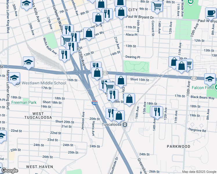 map of restaurants, bars, coffee shops, grocery stores, and more near 1600 23rd Avenue in Tuscaloosa