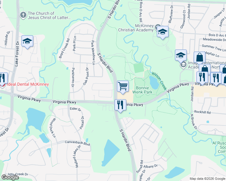 map of restaurants, bars, coffee shops, grocery stores, and more near 190 Salida Way in McKinney