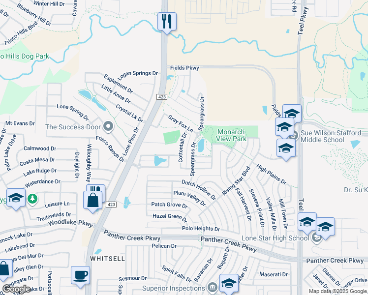 map of restaurants, bars, coffee shops, grocery stores, and more near 14368 Cottontail Drive in Frisco