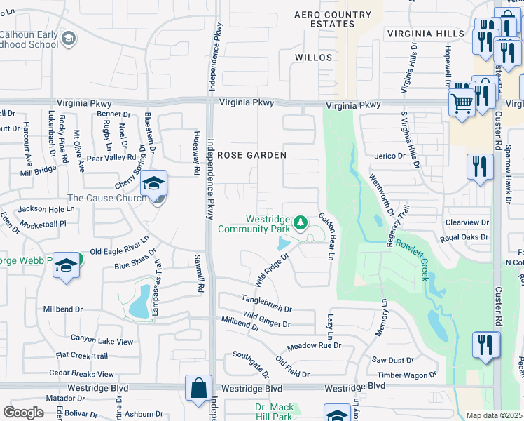 map of restaurants, bars, coffee shops, grocery stores, and more near 633 Rose Garden Drive in McKinney